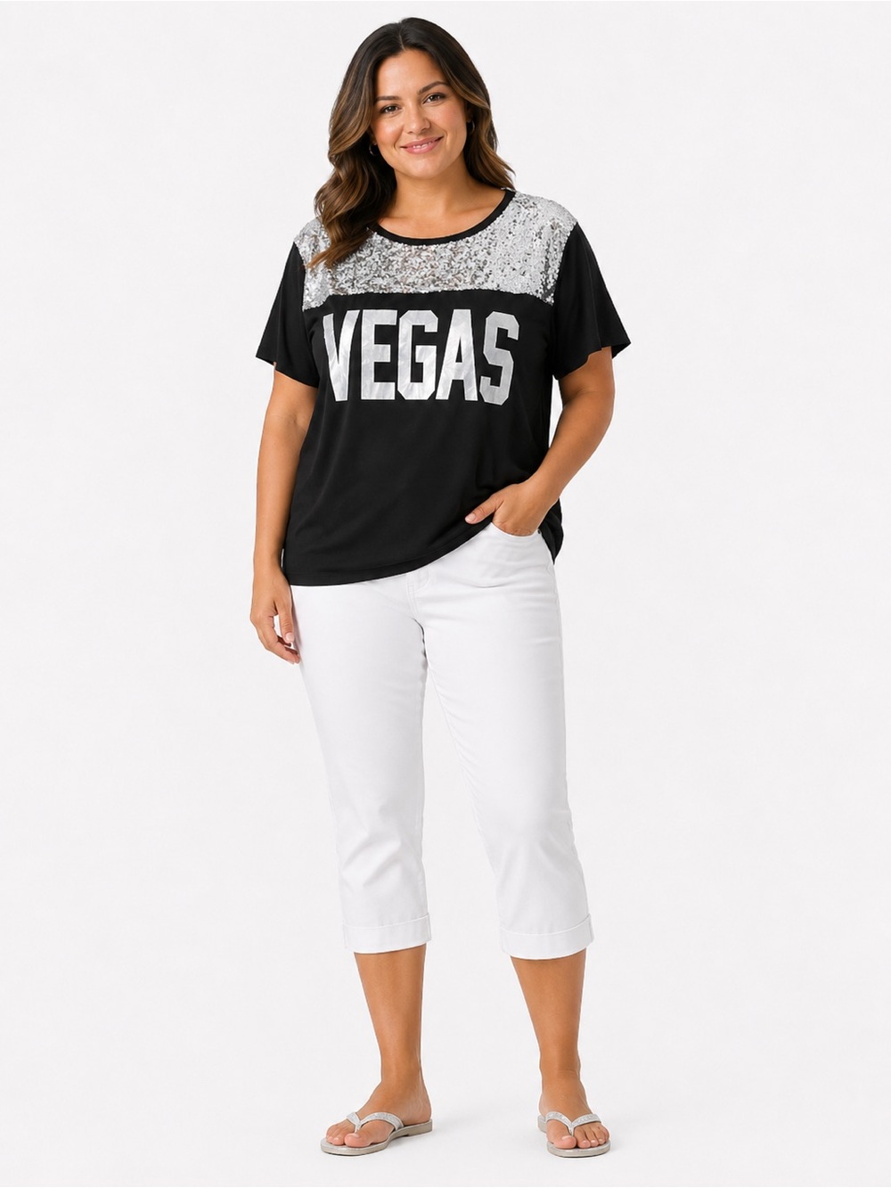 NEW Las Vegas T-Shirt Women's L/XL Black w/ Silver Sequins Stretch MGM *read